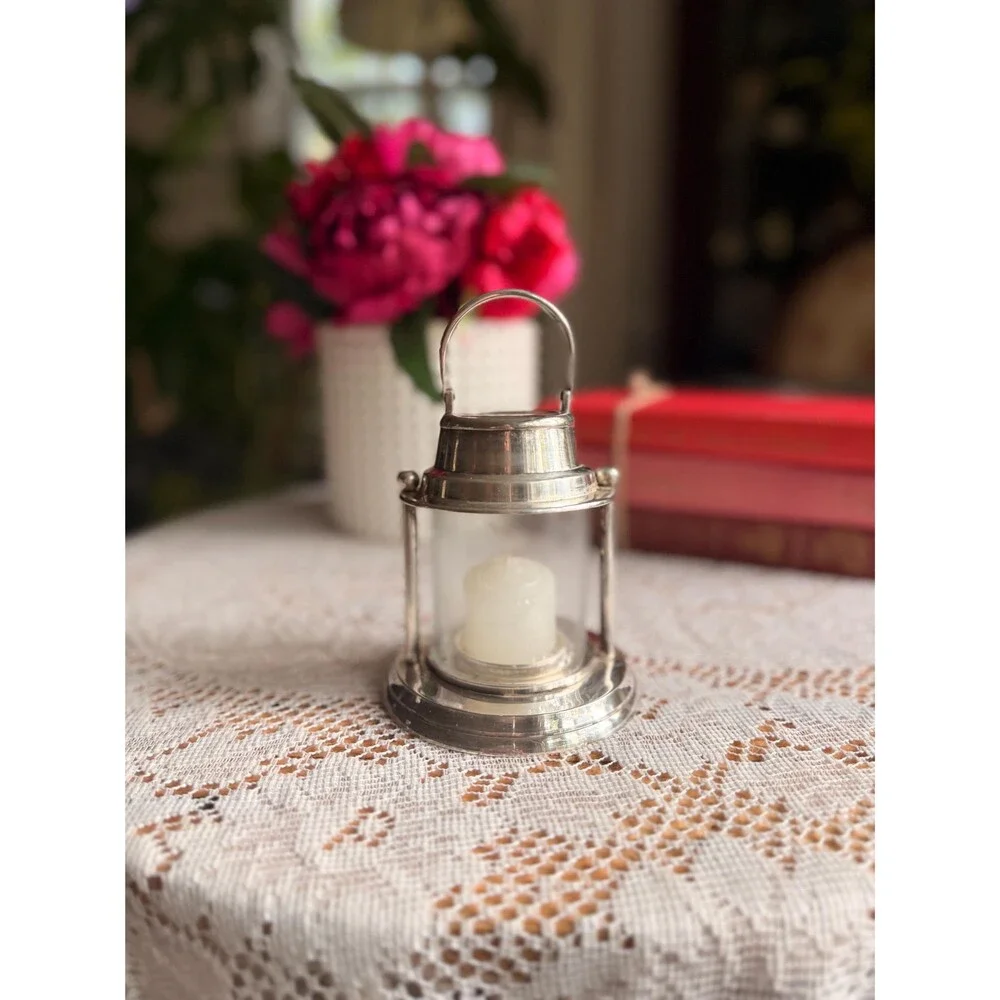 Vintage Lunt Silverplate Lantern Candle Holder Glass Hurricane Miniature Table L